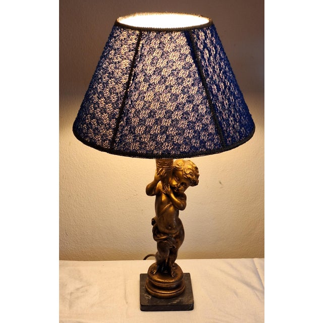 Vintage Table Lamp with Gold-Patinated Putto Base and Fabric Shade from Lamplove, 1970s For Sale - Image 3 of 9