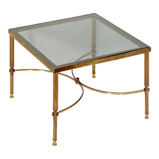 French Modern Square Cocktail or Coffee Low Table of Brass With Smoked Glass Top For Sale