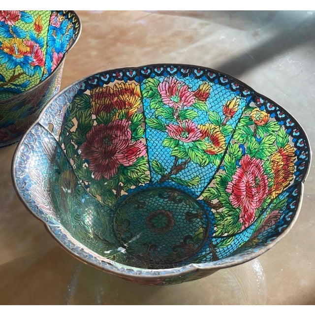 Pair of Large Chinese Cloisonné Plique-à-Jour Bowls For Sale - Image 11 of 12