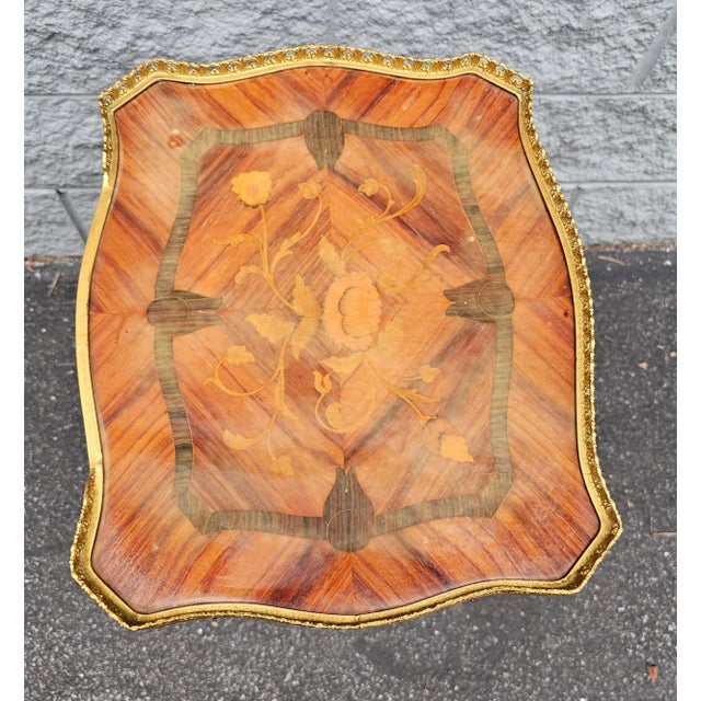 Louis XV Brass Mounted Parquetry and Satinwood Inlaid Galleried Top Side Table For Sale - Image 10 of 10
