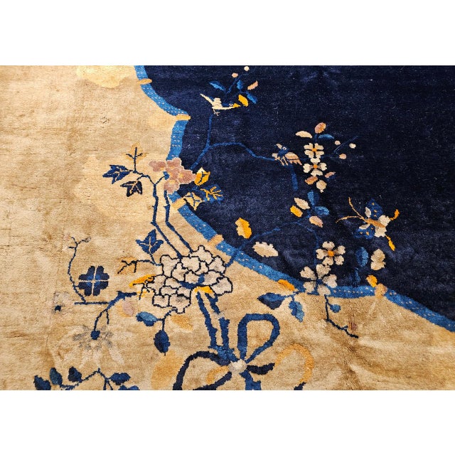 Antique Art Deco Chinese Oversized Rug, Handwoven Wool, Cranes & Butterflies Design, Navy & Tan, 14' X 19' For Sale - Image 12 of 17