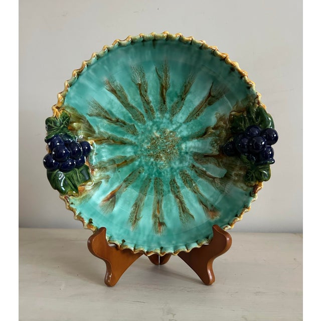 Antique 1950s blue metallica pie plate with Figuero grapes. Austrian made by St Peter Graz. Stand not included.