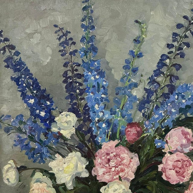 Antique Framed Oil Painting on Canvas by Lucien Hock (1899-1972), Floral Still Life in Delft Pot, Dated 1949 For Sale - Image 14 of 17