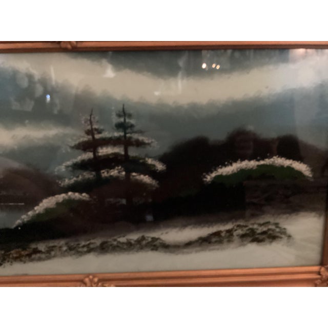 Antique Large Fancy Frame Reverse Painted Picture Catholic Church 47.25” X 19.25 Lovely Evening Moonshine Off Lake For Sale - Image 4 of 17