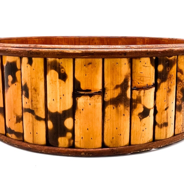 Tan Vintage Burnt Bamboo Basket With Woven Rattan Base – Boho / Organic Modern / Tropical For Sale - Image 8 of 12