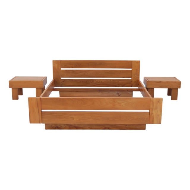 Bed Frame and Bedside Tables in Elm Wood from Regain, France, 1980s, Set of 3 For Sale