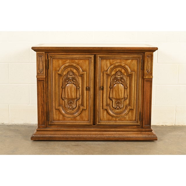 French Regency Louis XVI Carved Pecan Wood Marble Top Sideboard Buffet or Bar Cabinet by Stanley, Circa 1960s For Sale - Image 13 of 13