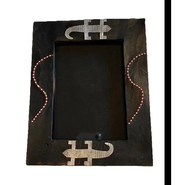 African Besmo Folk Art Embellished Wood Frame - Black With Metal Lizards & Red Beads For Sale - Image 4 of 11