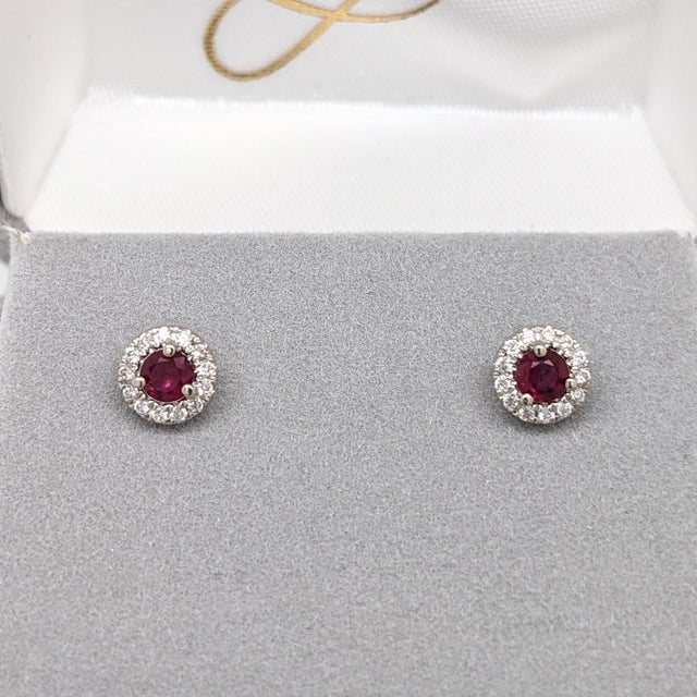 Metal Pretty Red Ruby Stud Earrings W Earth Mined Diamonds in Solid 14k White Gold-Set of 2 For Sale - Image 7 of 7