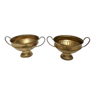Vintage Gilt Finish Trophy Urns – Pair With Aged Patina For Sale