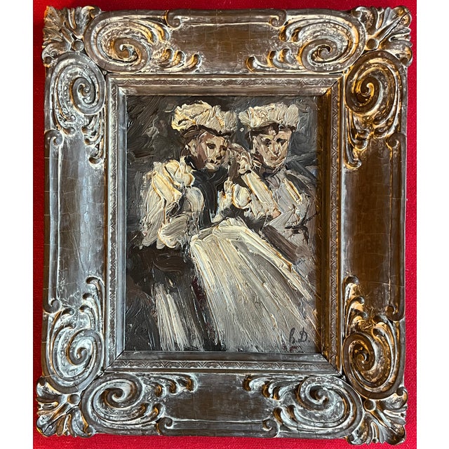 White Antique 19th Century Continental Impressionist Oil Painting Portrait of Two Women in White Dresses For Sale - Image 8 of 12