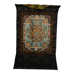 Hand-Painted Tibetan Mandala Thangka With Silk Brocade Mounting
