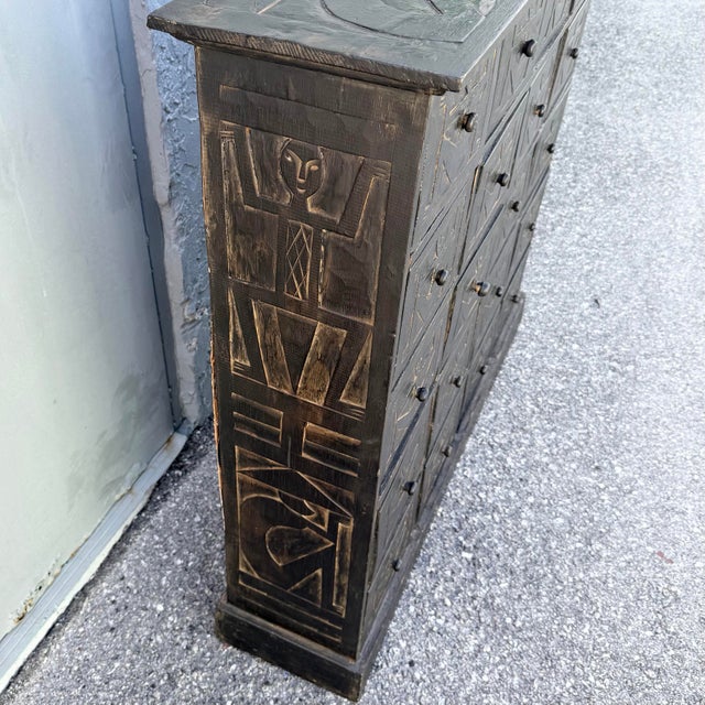 Vintage Wooden Hand Carved Tribal Apothecary Dresser For Sale In West Palm - Image 6 of 9