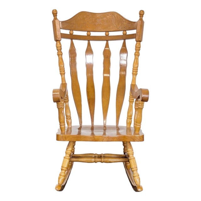 Classic Wooden Rocking Chair With Carved Backrest For Sale