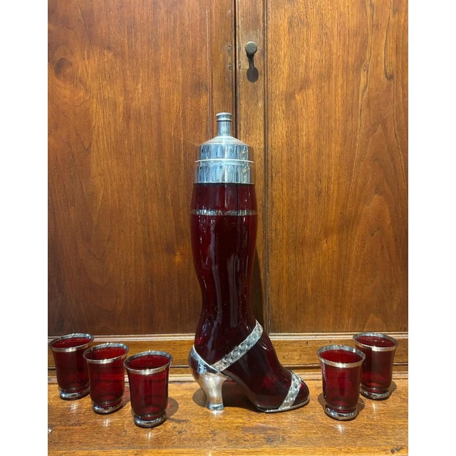Surrealism Rare 1937 "Shake a Leg" Ruby Glass Cocktail Shaker and Original 5 Glasses For Sale - Image 3 of 3