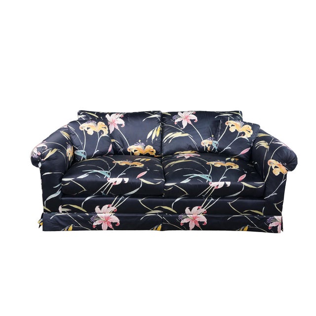 American Pair Mid Century Erwin-Lambeth for John Stuart Botanical Lily Rolled Arm Sofas For Sale - Image 3 of 17