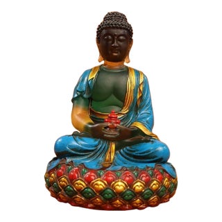 Vintage Colored Glaze Seated Tathagata Buddha Statue on Lotus Base For Sale