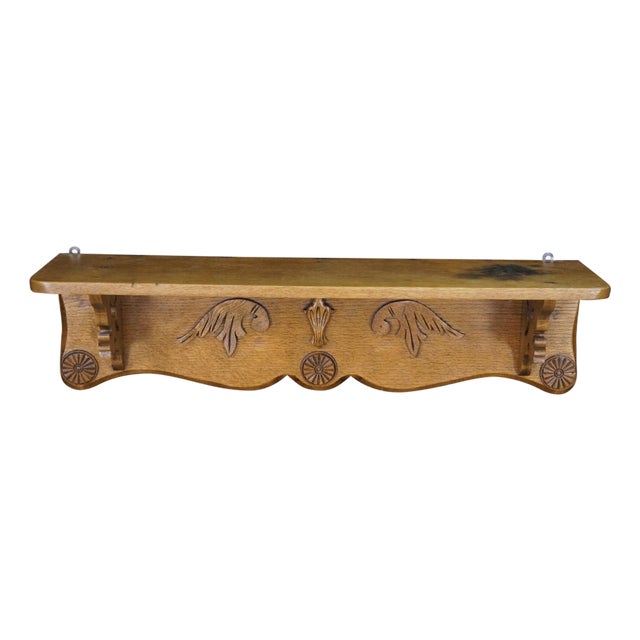 20th Century Victorian Eastlake Revival Carved Oak Wall Shelf Mantel Display 35" For Sale