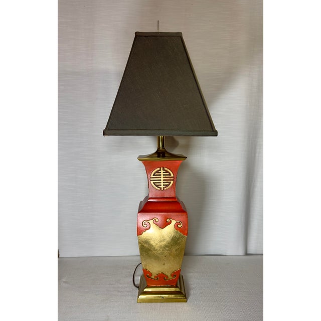 Metal Vintage James Mont Style Tole Lamp by Turtle and Crane - Bespoke Cinnabar & Gold Leaf - Newly Painted For Sale - Image 7 of 14
