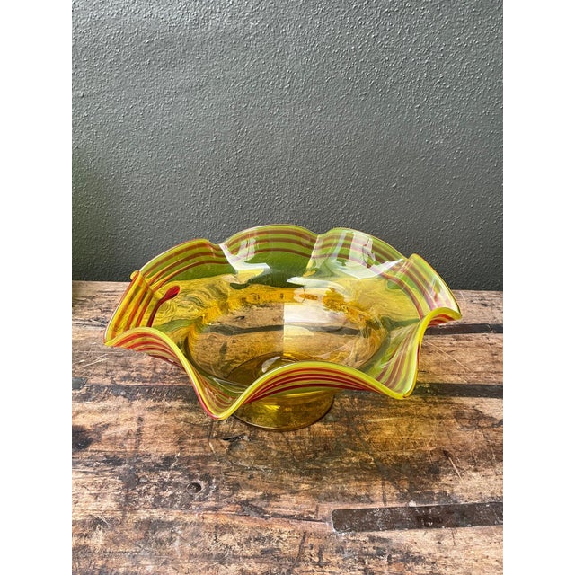 Amber Vintage Striped Murano-Style Glass Centerpiece Bowl For Sale - Image 8 of 18