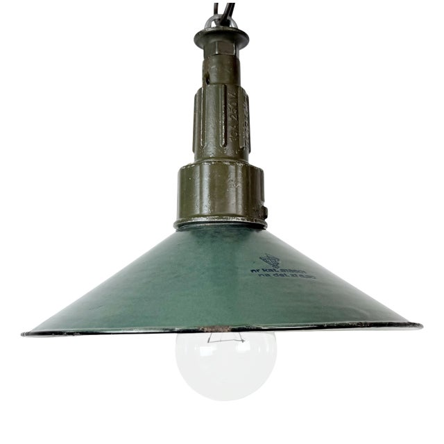 Industrial Green Enamel Military Pendant Lamp with Cast Aluminium Top, 1960s For Sale