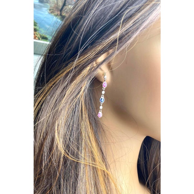 Silver 14k White Gold Ceylon Sapphire and Diamond Long Drop Earrings, 1.75", Pair For Sale - Image 8 of 8