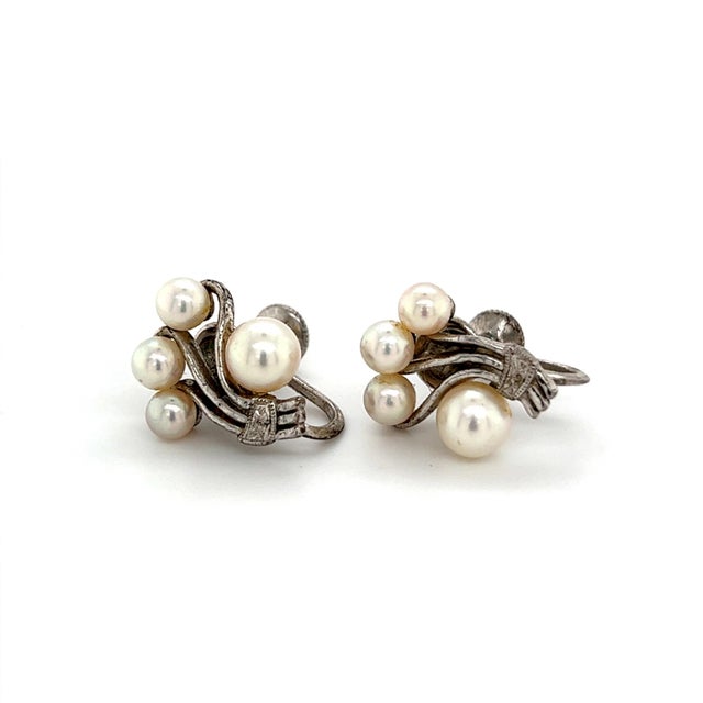 Metal 1990s Mikimoto Estate Akoya Pearl Earrings Sterling Silver, 2 Pieces For Sale - Image 7 of 9