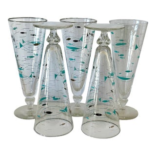 1960s Mid-Century Modern Atomic Fish Pilsner Beer Glasses, Libbey Glasses; Turquoise and Black W Platinum Trim; Set of 5 For Sale