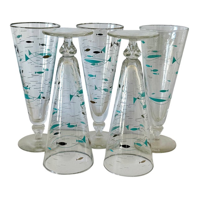 1960s Mid-Century Modern Atomic Fish Pilsner Beer Glasses, Libbey Glasses; Turquoise and Black W Platinum Trim; Set of 5 For Sale