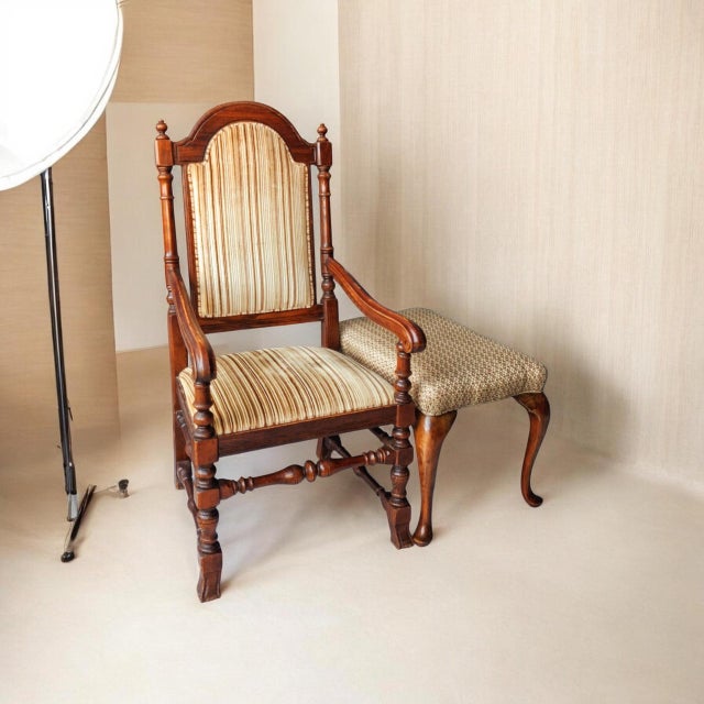 Vintage Carved Oak Armchair & Matching Ottoman Set For Sale - Image 10 of 12