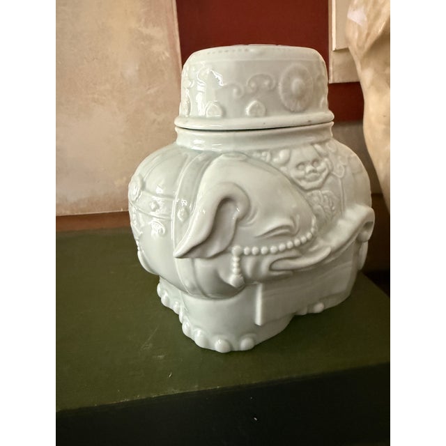 Celadon Vintage Wildwood Celadon Elephant Jar | 1979 Limited Edition Ceramic | Asian Inspired Decor For Sale - Image 8 of 12