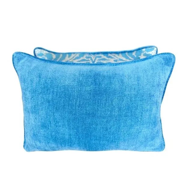 Baroque Pair of Custom Fortuny Textile Pillows in Blue With Velvet Backs For Sale - Image 3 of 3