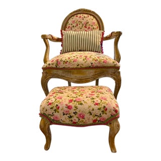 Vintage Louis XV Style Bergère Chair With Custom Matching Floral Pillow For Sale