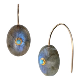 Labradorite Turquoise Drop Earrings 14k Gold, A Pair For Sale