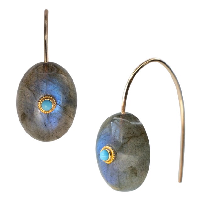 Labradorite Turquoise Drop Earrings 14k Gold, A Pair For Sale