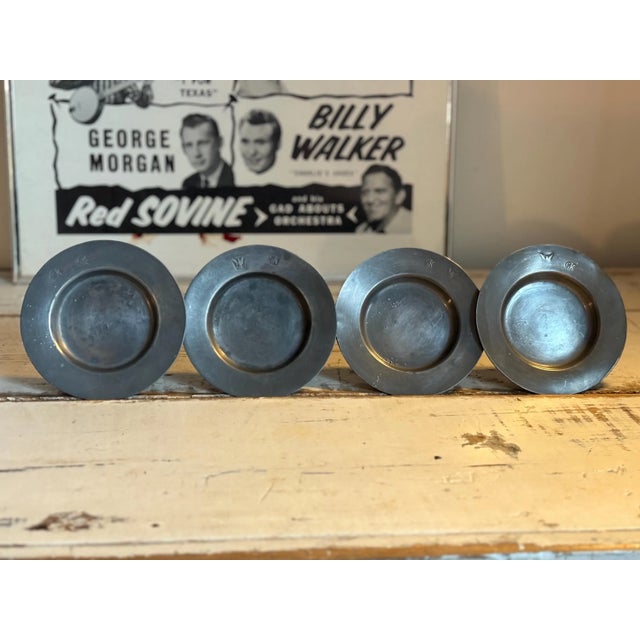 1800s Set of 4 g.k. Pweter Saucers/Plates With Stamped Eagle Crest, 4.5” For Sale In Baltimore - Image 6 of 6