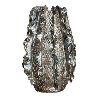 Vintage Silver Ruffle Studio Pottery Vase For Sale