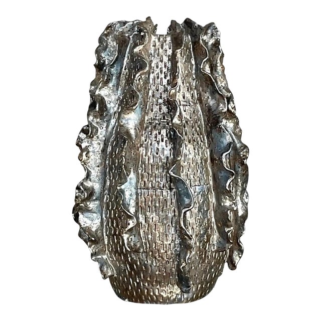 Vintage Silver Ruffle Studio Pottery Vase For Sale