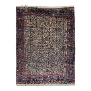 Early 1900s Antique Floral Botanical Allover Ivory Cream Blue Navy Hand Knotted Rug - 4’8” X 6' For Sale