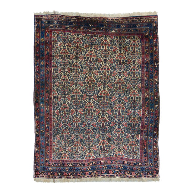 Early 1900s Antique Floral Botanical Allover Ivory Cream Blue Navy Hand Knotted Rug - 4’8” X 6' For Sale