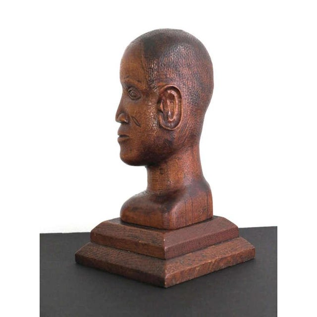 Figurative American Folk Art Hand Carved Pine Bust of an Gold Coast African Man Dated 1936 For Sale - Image 3 of 6