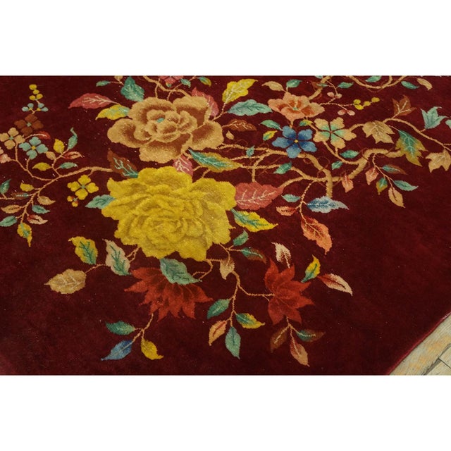 1930s 1930s Ruby Red Modern Floral Antique Chinese Art Deco Carpet 8'10" X 11'8" Rug For Sale - Image 5 of 9