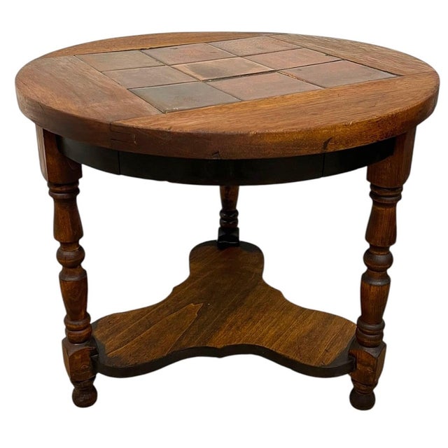 1970s Vintage Arts & Crafts Tile Top Side Table With Turned Legs and Lower Shelf For Sale - Image 5 of 9