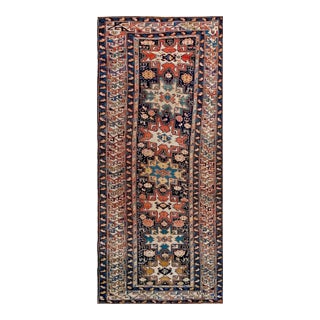 1890s Dark Blue Geoemtric Antique Caucasian Shirvan Runner Rug 3'8" X 8'3" Handknotted Wool Carpet For Sale