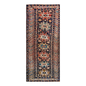 1890s Dark Blue Geoemtric Antique Caucasian Shirvan Runner Rug 3'8" X 8'3" Handknotted Wool Carpet