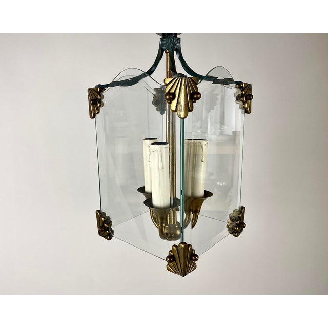 Vintage Art Deco style glass and bronze three-light Pendant Chandelier, circa the 1950s This absolutely adorable...