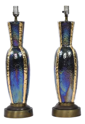 Pair of Iridescent Blue and Gold Mid-Century Modern Urn Shaped Ceramic Lamps