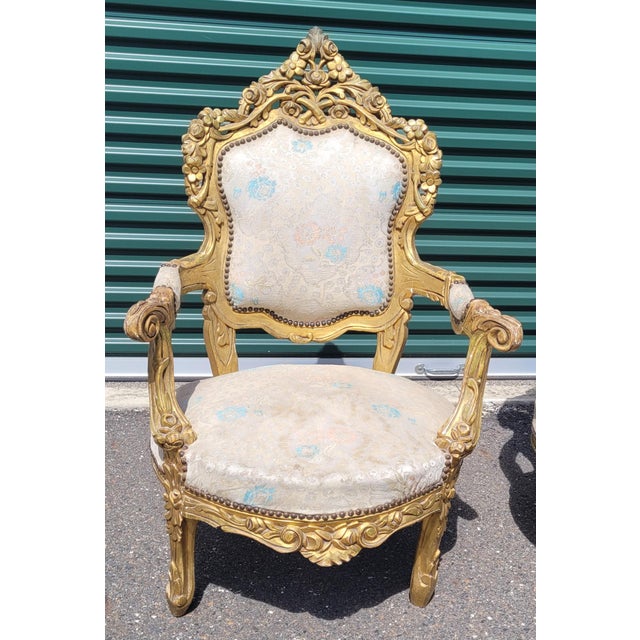 Gold Mid 20th Century A Pair of Oversized Gilt Wood Rococo French Armchairs For Sale - Image 8 of 13