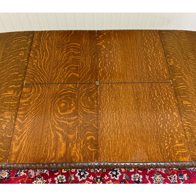 Antique English Butterfly Leaf Oval Carved Dining Table 118" Tiger Oak C1920-30s For Sale - Image 12 of 17