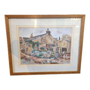 M. Storm (Martin Storm), Village Farm. Vintage Framed Watercolor Painting